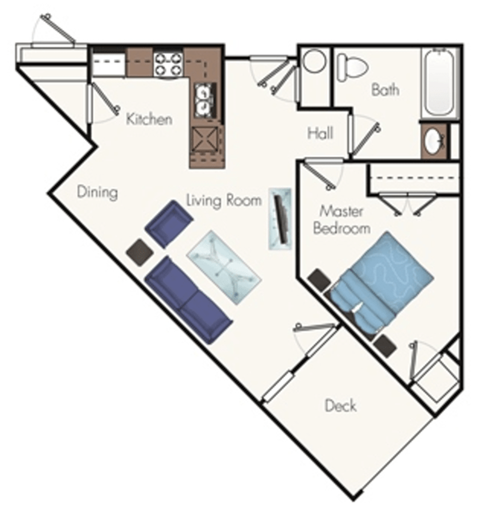 A diagram of a house layout with a kitchen, dining area, living room, hall, bathroom, master bedroom, and deck.